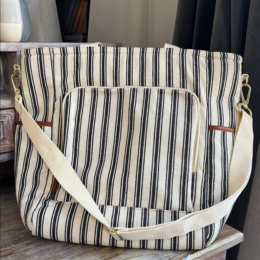 Mark & Graham Striped Insulated Cooler Tote Bag Cream Navy Large Strap